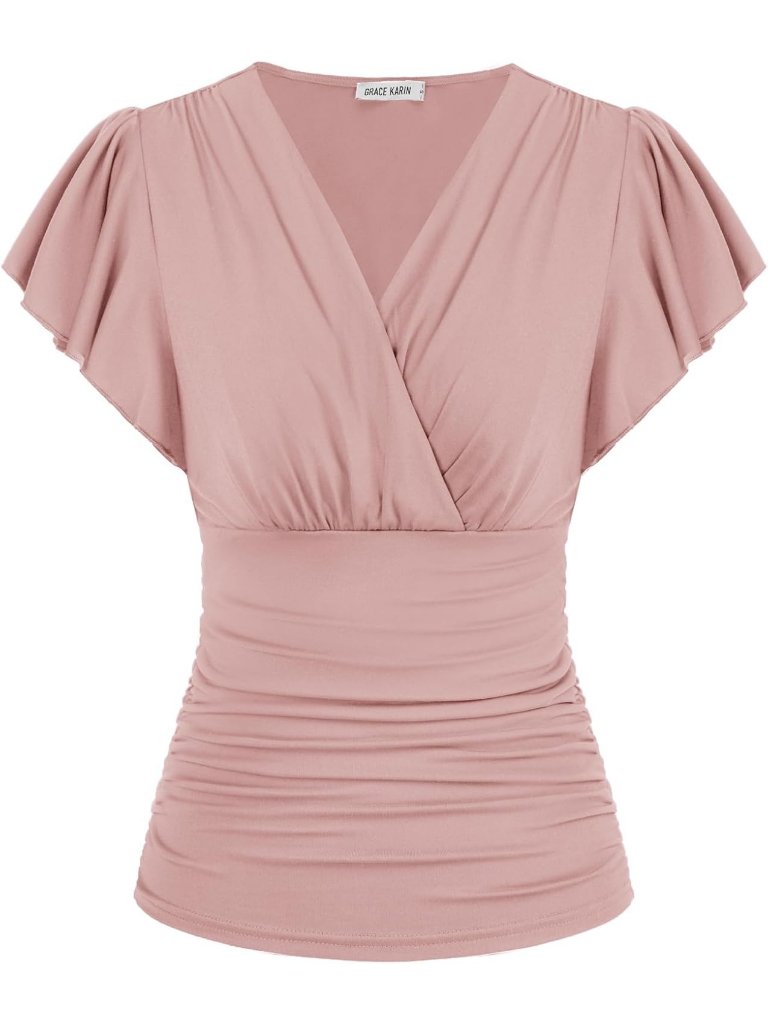 Women's T Shirt Pink V Neck Casual Wrap Blouse Ruffle Sleeve Ruched Soft Summer